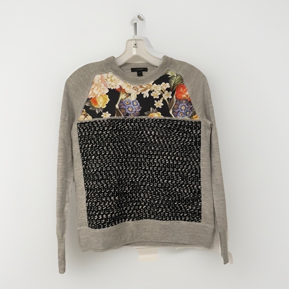 J.Crew Women's Merino Wool Sweater Floral Gray Pullover Raglan Sleeve Classy XXS